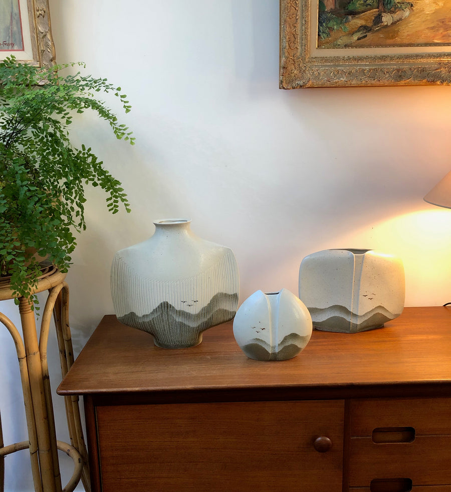 Set of Three French Porcelain Vases with Landscape Motif by Yves Mohy for Virebent (circa 1970s)