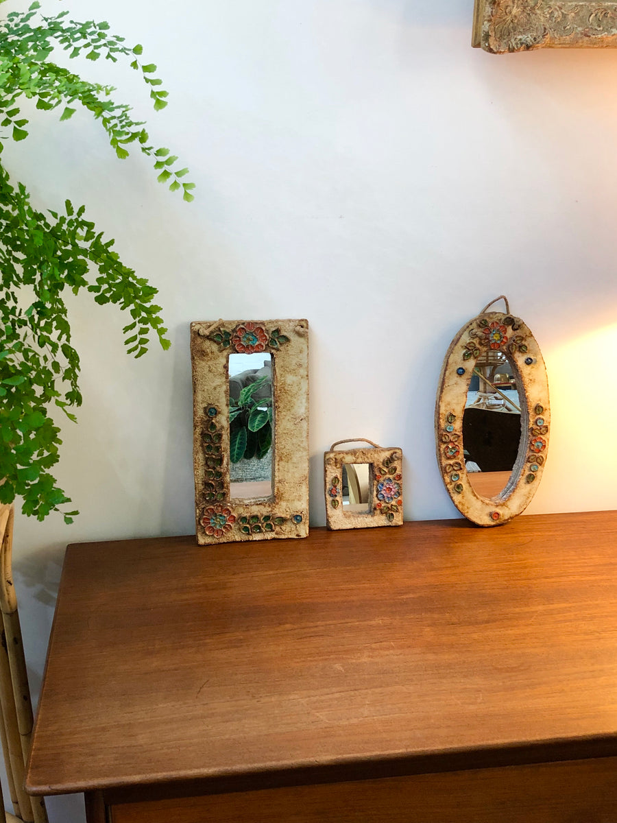 Ceramic Oval Wall Mirror with Floral Enamel Decoration by Atelier La Roue (circa 1960s)