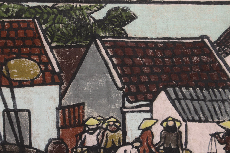 'Fishing Village Along the Mekong' Woodcut in Colour by Tran Tuyet-Mai (1985)