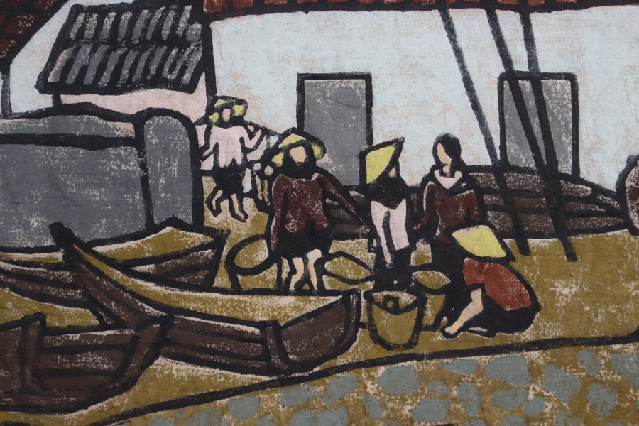 'Fishing Village Along the Mekong' Woodcut in Colour by Tran Tuyet-Mai (1985)