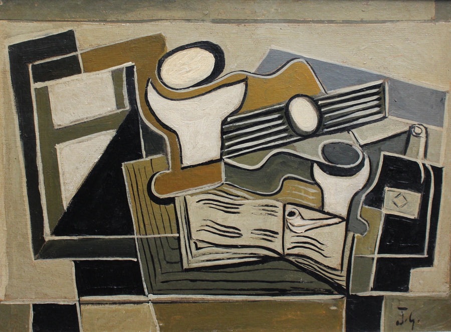 'Still Life with Guitar, Book, Pipe and Bottle' by J.G. (circa 1940s)