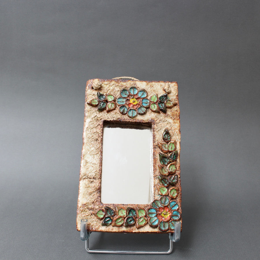 Ceramic Wall Mirror with Flower Motif by La Roue (circa 1960s) - Small
