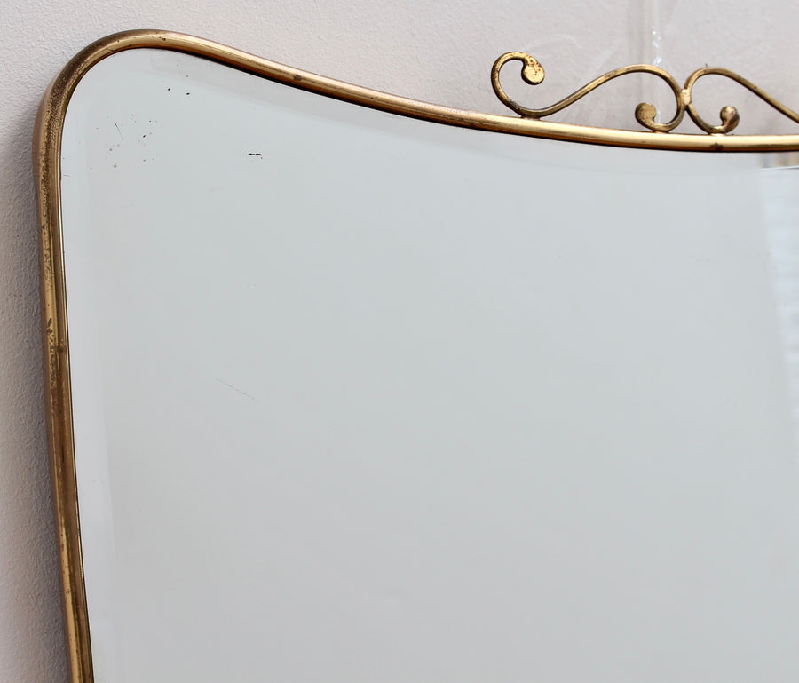 Mid-Century Italian Wall Mirror with Brass Frame and Top Flourish (circa 1950s)