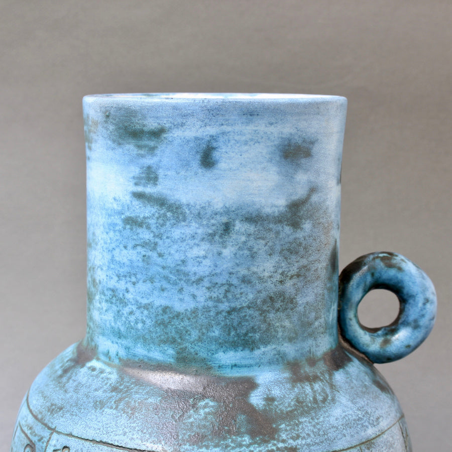 Blue Ceramic Flower Vase with Handle by Jacques Blin (circa 1950s)