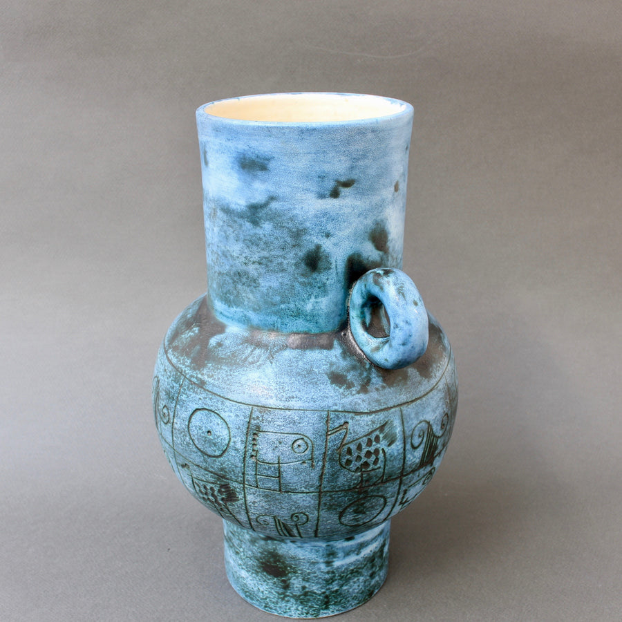 Blue Ceramic Flower Vase with Handle by Jacques Blin (circa 1950s)