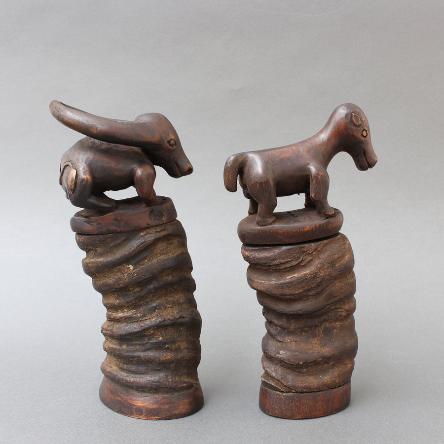 Pair of Water Buffalo Horn and Wood Lime Powder Holders for Betel Nut from Timor Island (circa 1970s)