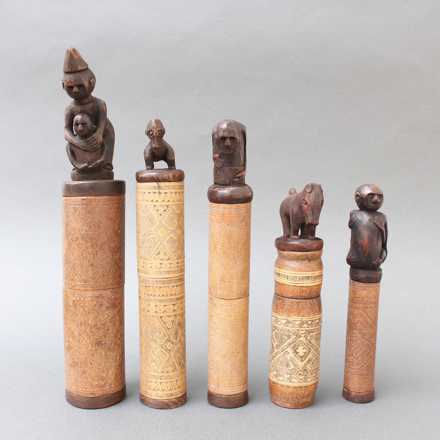 Set of Five Wood and Bamboo Lime Powder Holders for Betel Nut from W. Timor Island, Indonesia (circa 1940s - 60s)