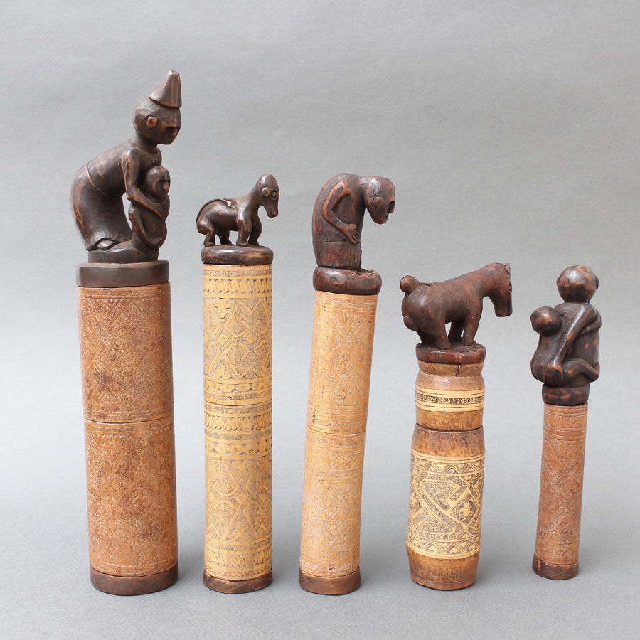 Set of Five Wood and Bamboo Lime Powder Holders for Betel Nut from W. Timor Island, Indonesia (circa 1940s - 60s)