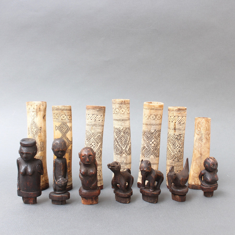 Set of Seven Wood and Bone Lime Powder Holders for Betel Nut from W. Timor Island, Indonesia (circa 1940s - 1960s)
