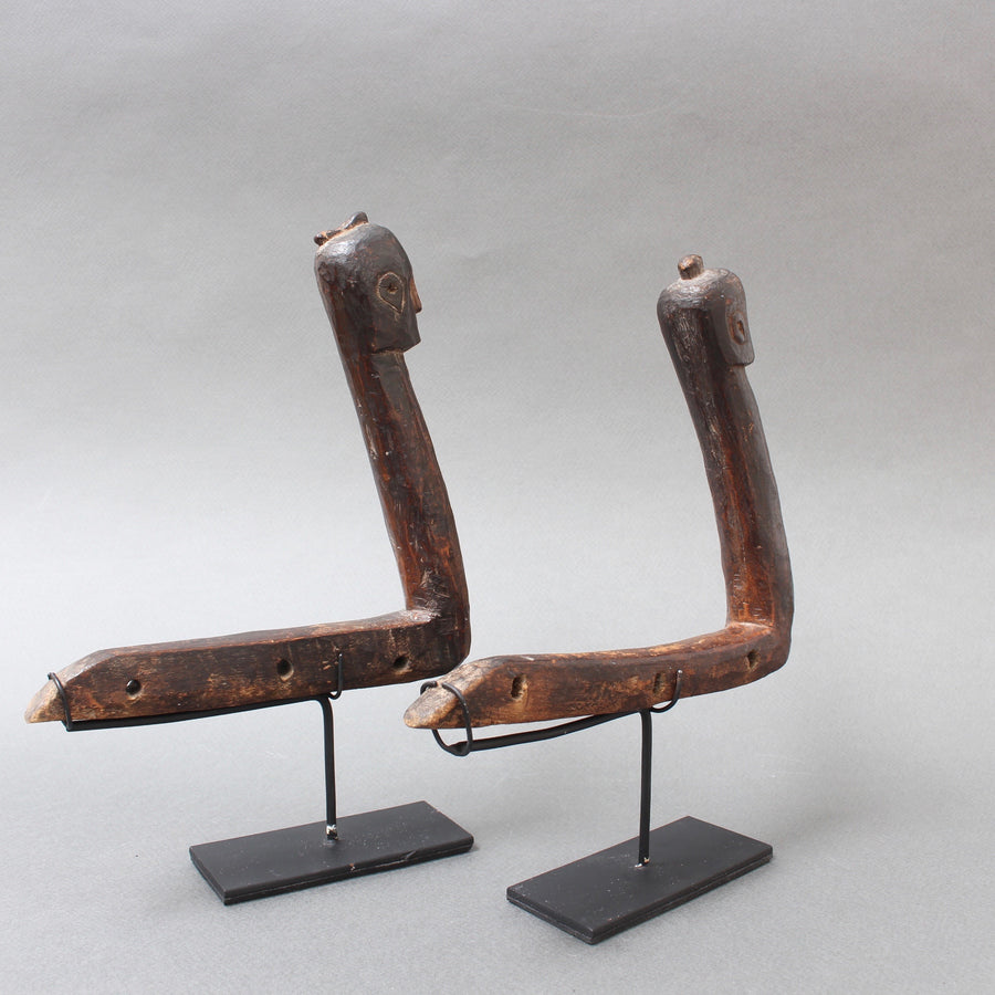 Set of Two Carved Wooden Tools with Human Faces from Nias, Indonesia (circa 1960s - 70s)