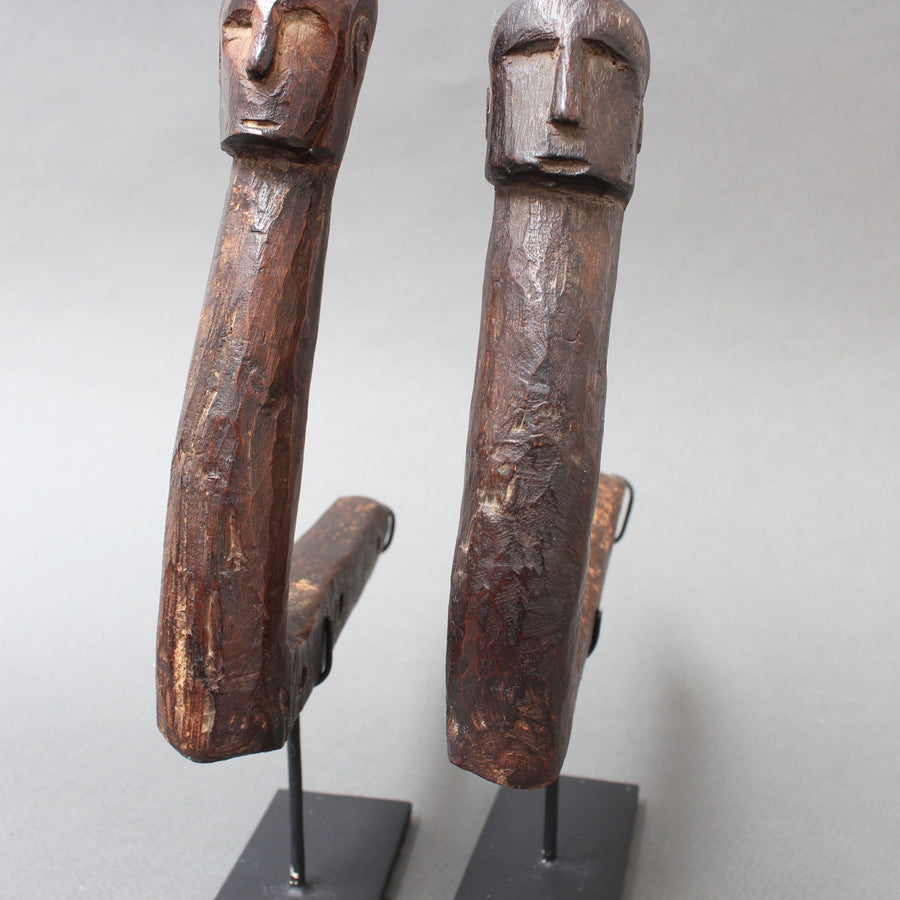 Set of Two Carved Wooden Tools with Human Faces from Nias, Indonesia (circa 1960s - 70s)