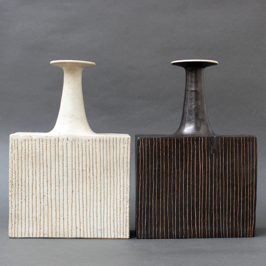 Pair of Ceramic Vases with Line Motif by Bruno Gambone (circa 1970s)