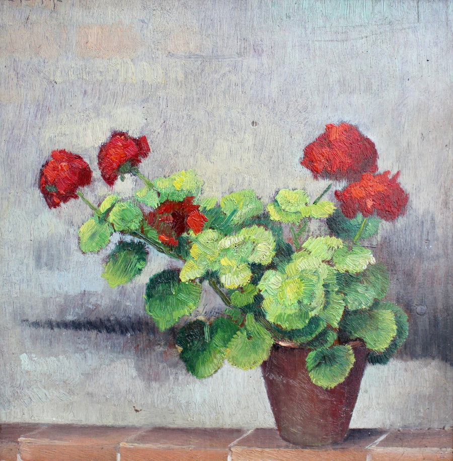 'Still Life of Potted Plant with Red Flowers' by Valentino Ghiglia (circa 1940s)