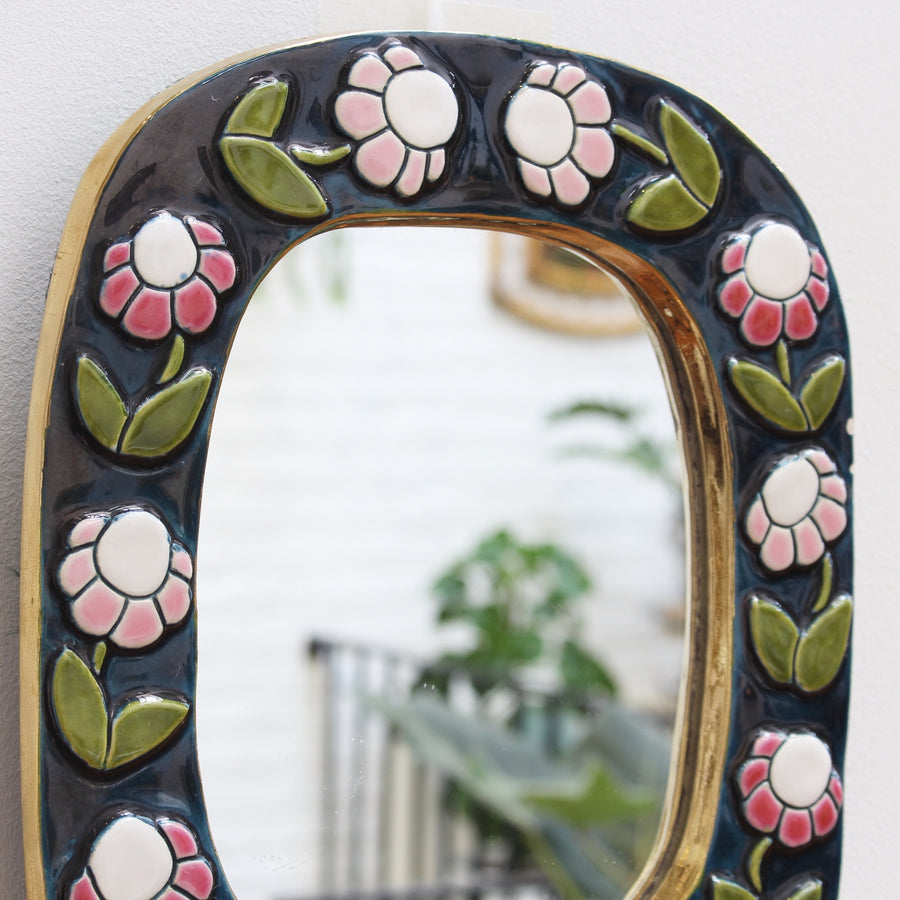 Ceramic Wall Mirror with Flower Motif and Stylised Bird by François Lembo (circa 1970s)