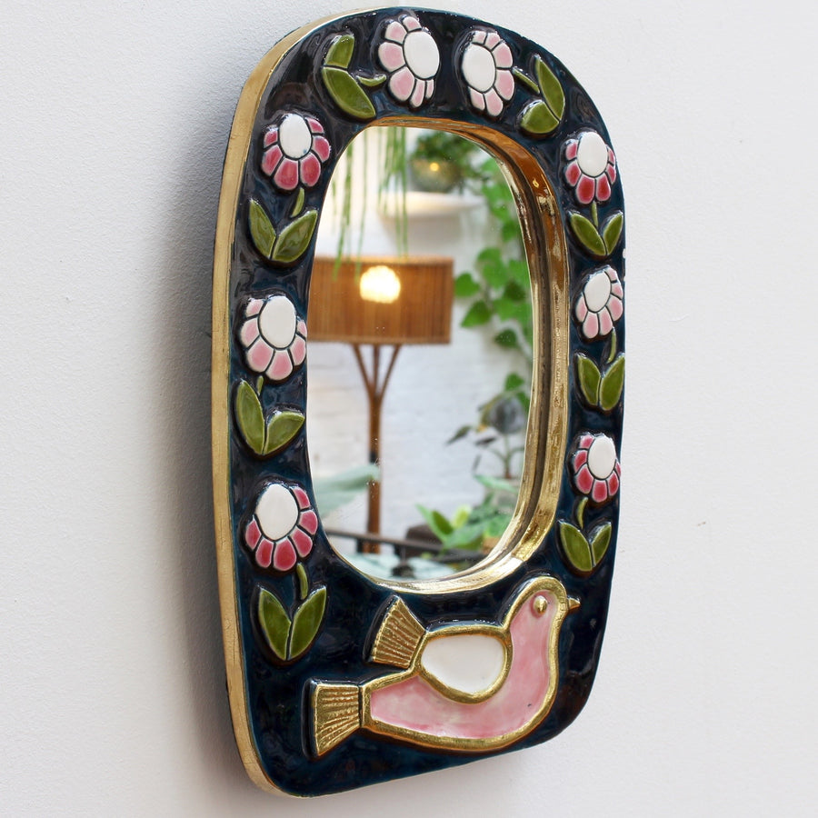 Ceramic Wall Mirror with Flower Motif and Stylised Bird by François Lembo (circa 1970s)