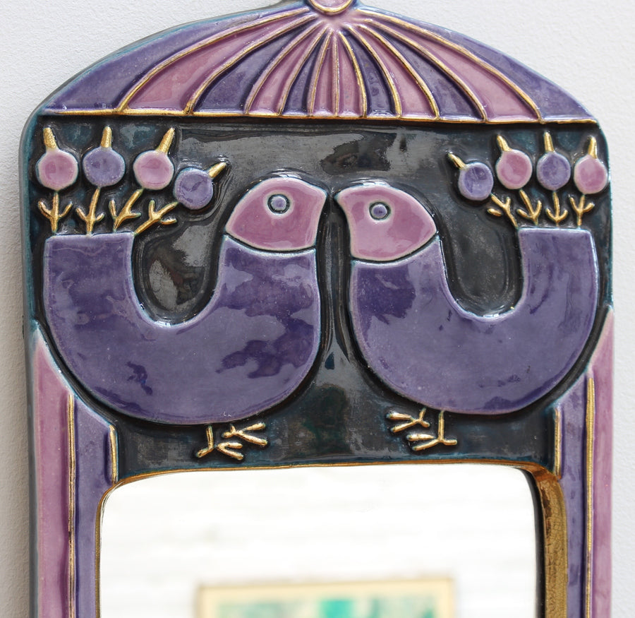 Decorative Ceramic Wall Mirror with Stylised Birds by Mithé Espelt (circa 1970s)