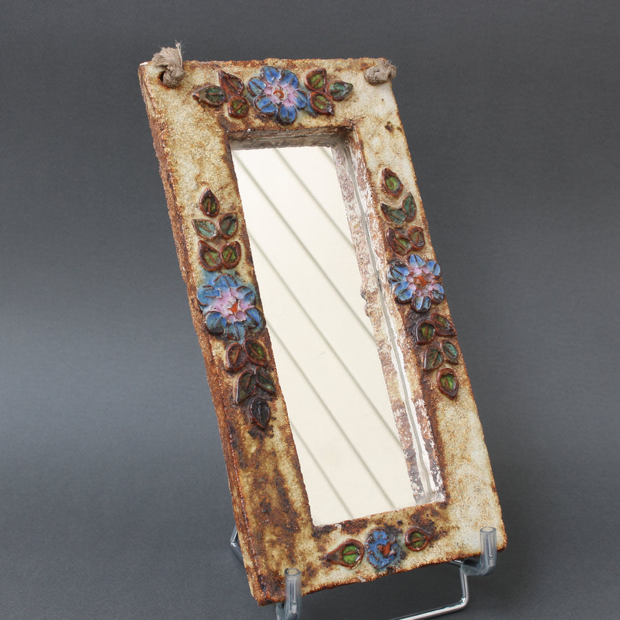 Ceramic Wall Mirror with Flower Motif by La Roue (circa 1960s)