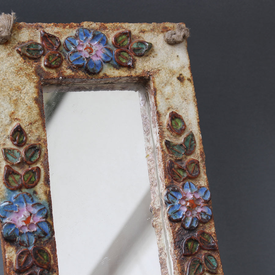 Ceramic Wall Mirror with Flower Motif by La Roue (circa 1960s)