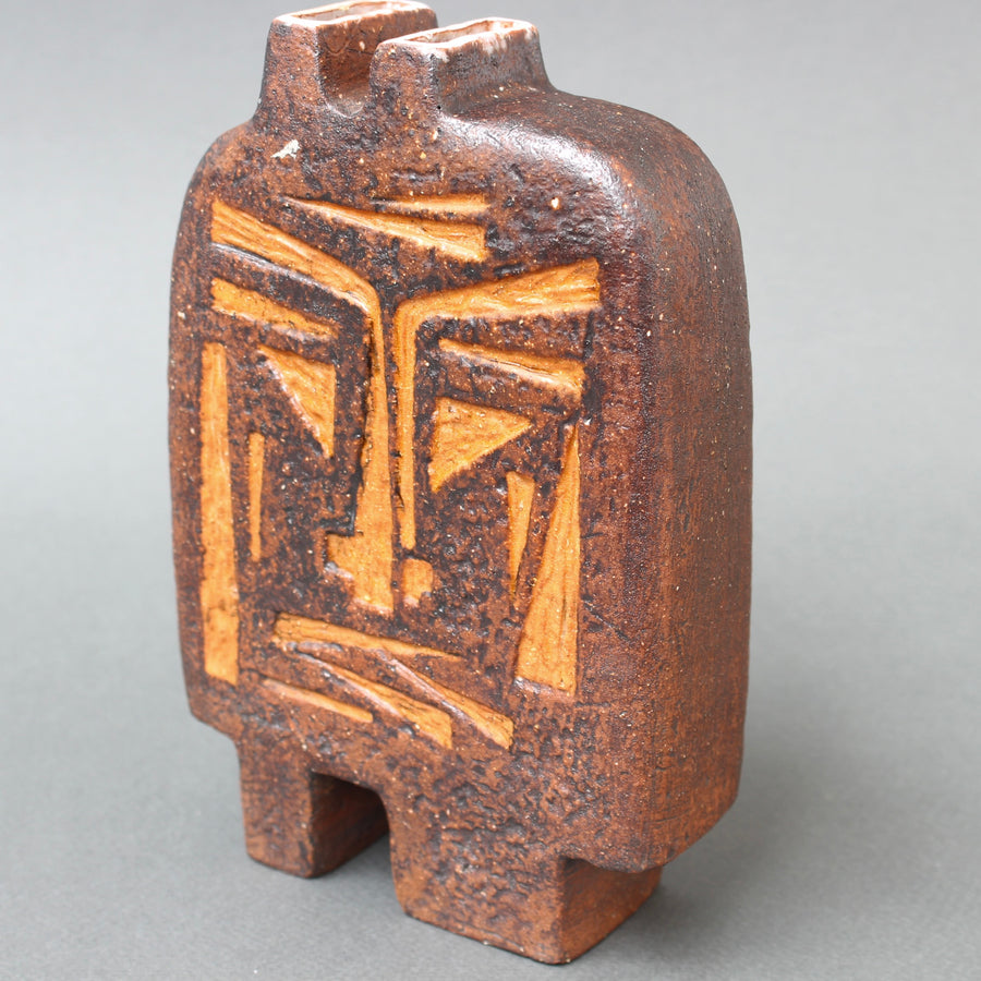 French Ceramic Vase with African Mask Motif Attributed to Jacqueline Lerat (circa 1960s)