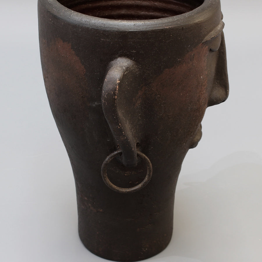 Pair of Black Ceramic Head Sculptures / Vases with Earrings (circa 1950s)