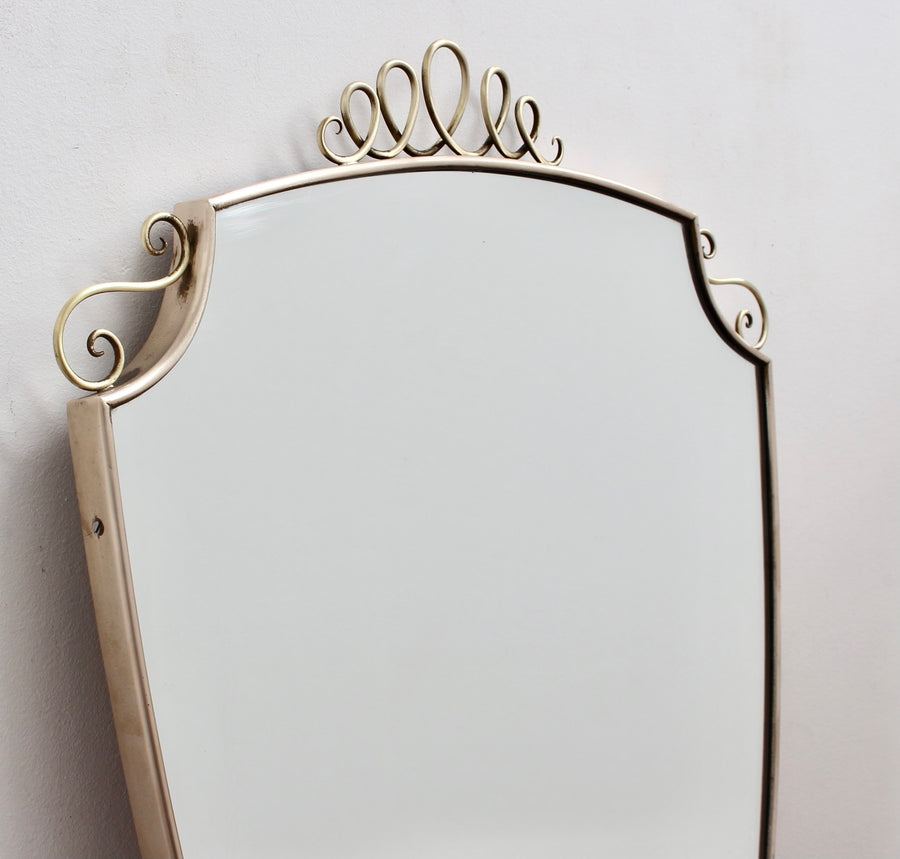 Mid-Century Italian Wall Mirror with Brass Frame and Top Flourish (circa 1950s)
