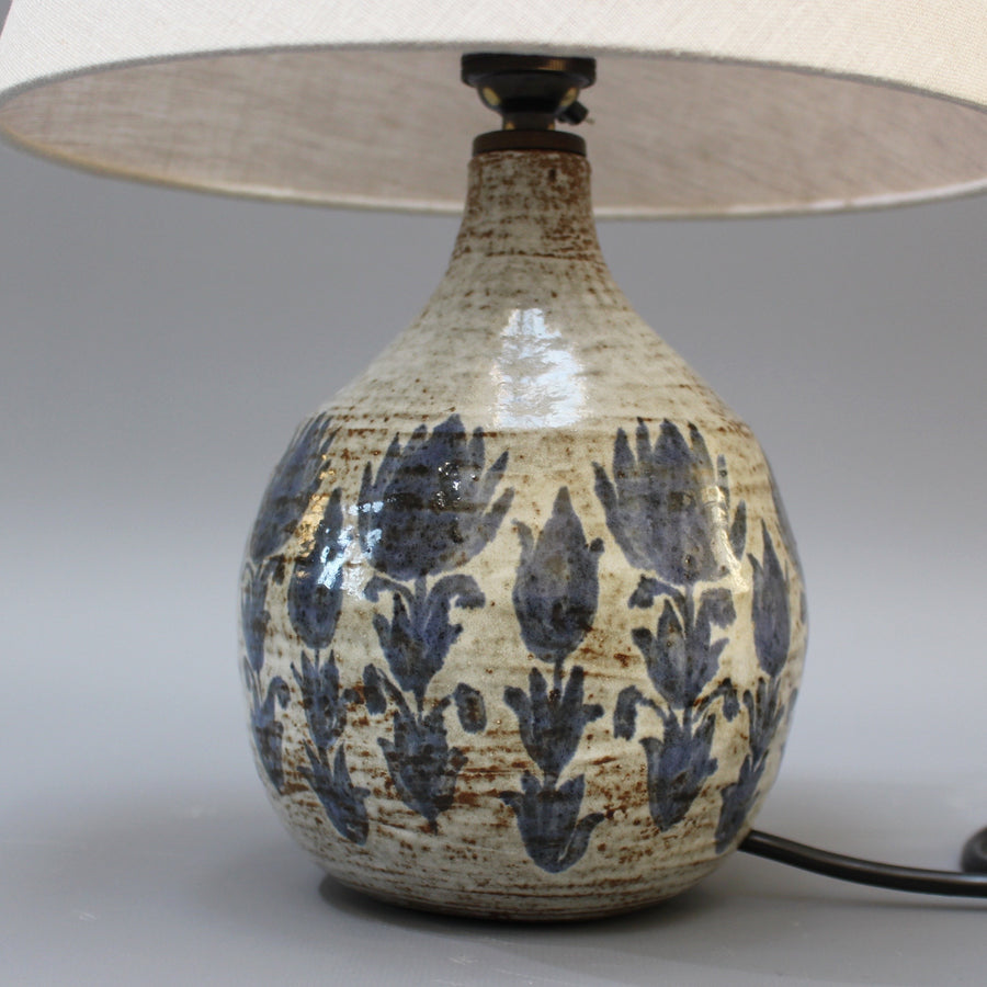 Mid-Century Ceramic Table Lamp with Blue Flower Motif (circa 1960s)