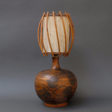 Ceramic Lamp with Leaf Motif and Original Rattan Shade by Jacques Blin (circa 1950s)