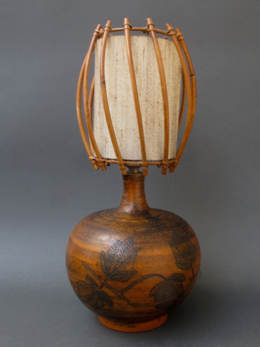Ceramic Lamp with Leaf Motif and Original Rattan Shade by Jacques Blin (circa 1950s)