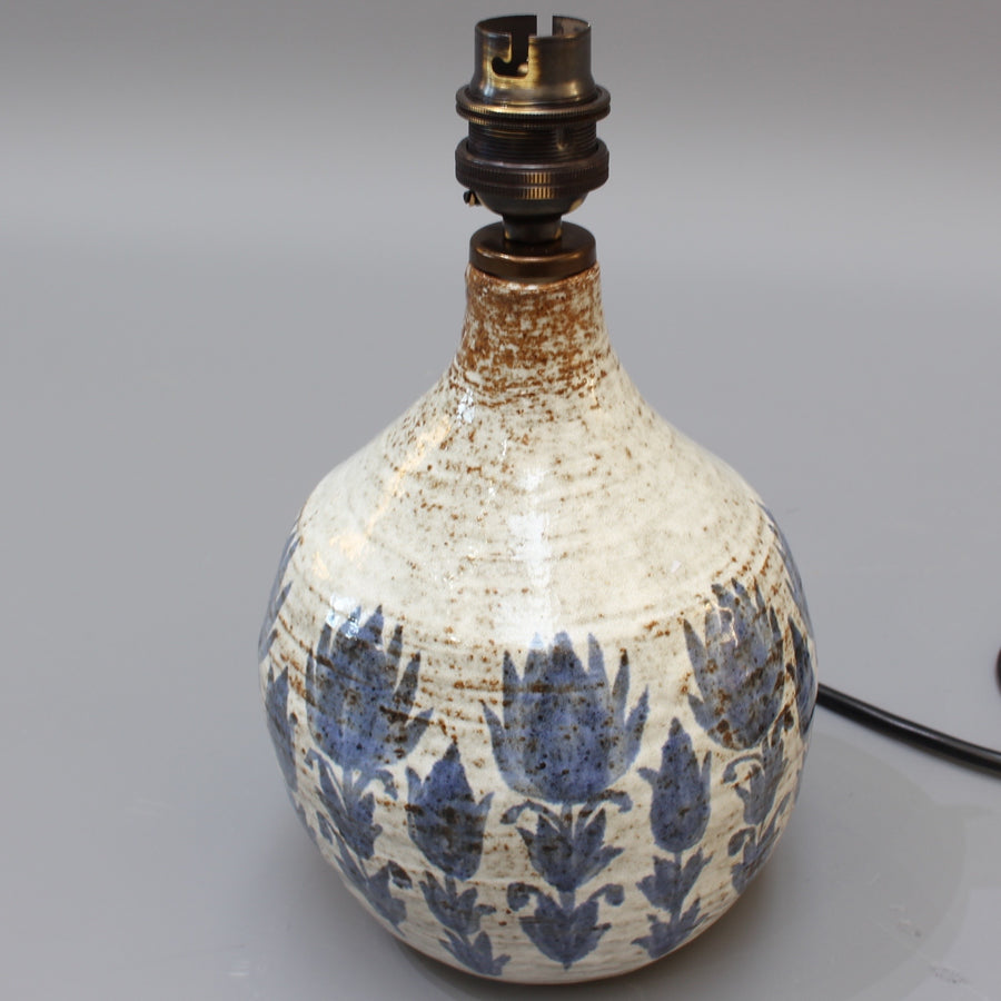 Mid-Century Ceramic Table Lamp with Blue Flower Motif (circa 1960s)