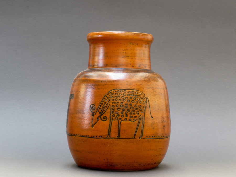 Burnt-Orange Vase by Jacques Blin with Animal Motifs (c. 1950s)