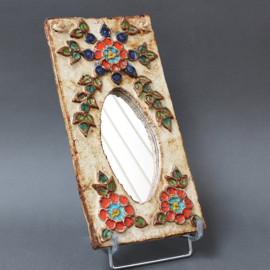 Vintage French Ceramic Wall Mirror with Flower Motif by La Roue (circa 1960s)