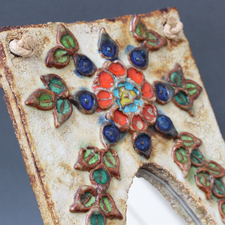 Vintage French Ceramic Wall Mirror with Flower Motif by La Roue (circa 1960s)