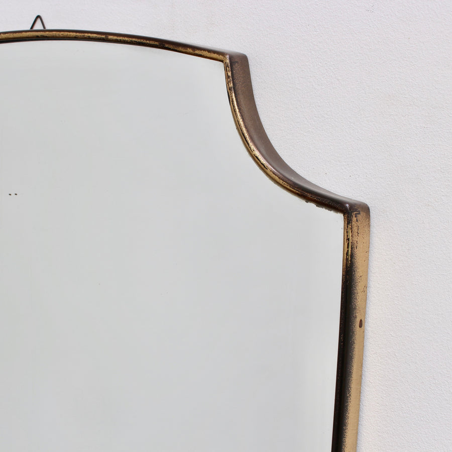 Mid-Century Crest-Shaped Italian Wall Mirror with Brass Frame (circa 1950s)