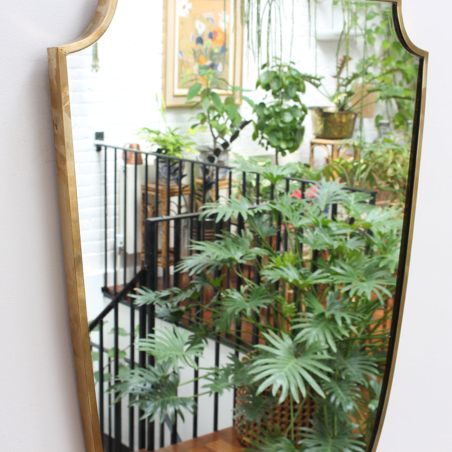 Mid-Century Italian Crest-Shaped Wall Mirror with Brass Frame (circa 1950s) - Large