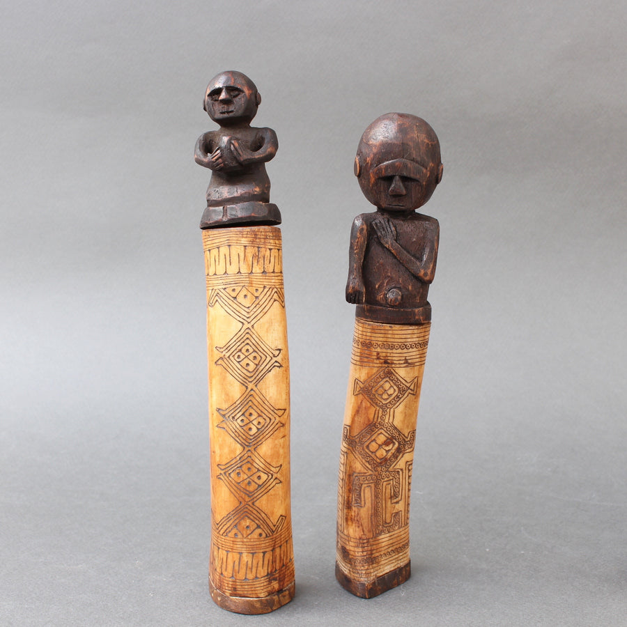 Set of Five Wood and Bone Lime Powder Holders for Betel Nut from W. Timor, Indonesia (circa 1940s - 60s)