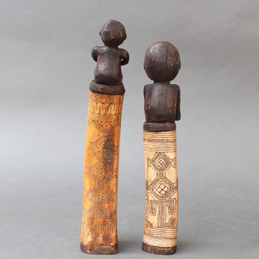 Set of Five Wood and Bone Lime Powder Holders for Betel Nut from W. Timor, Indonesia (circa 1940s - 60s)