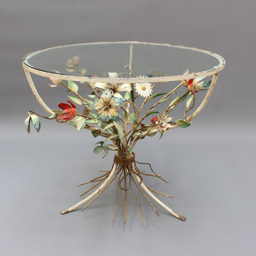 French Tôleware Side Table with Flower Bouquet Motif (circa 1950s)