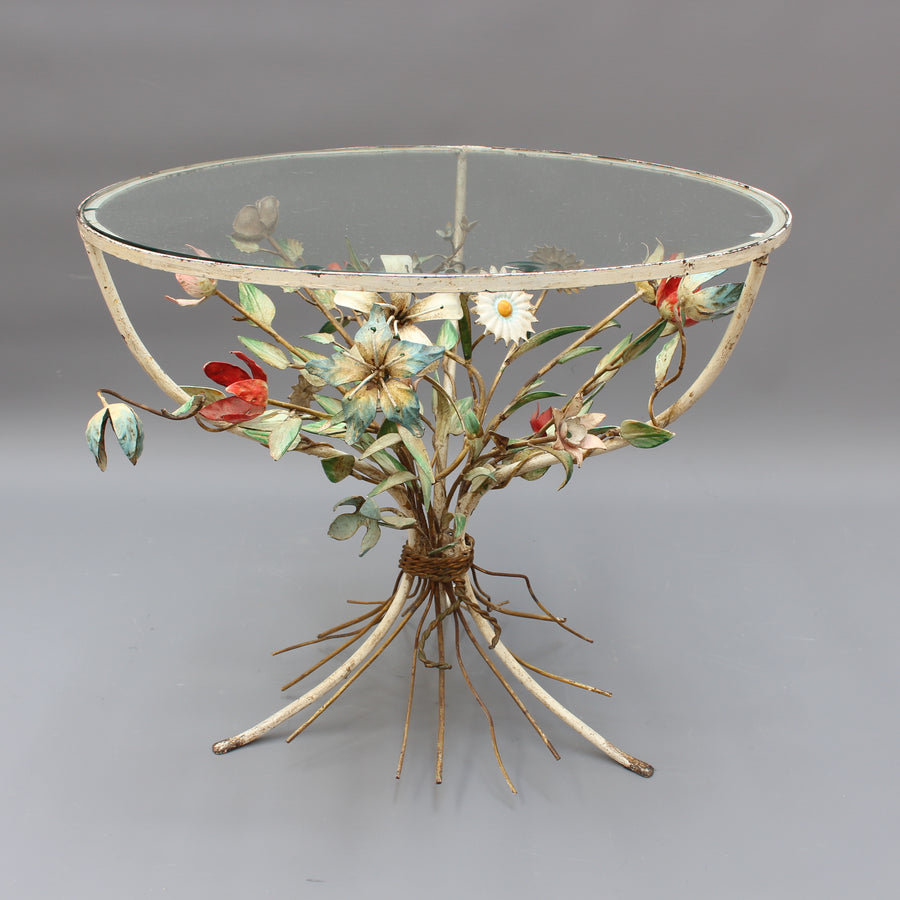 French Tôleware Side Table with Flower Bouquet Motif (circa 1950s)