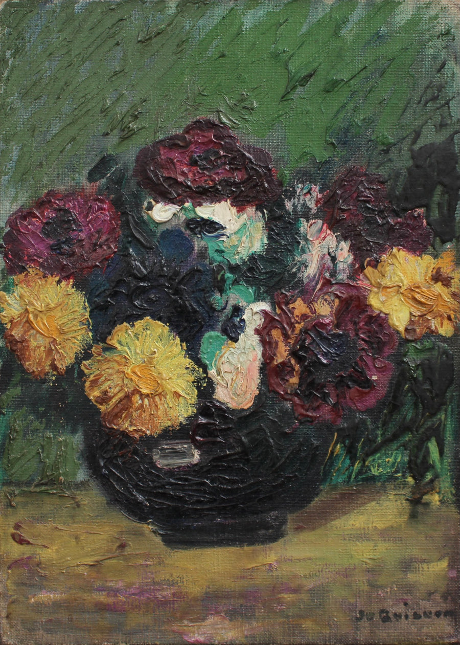 'Bouquet of Flowers in a Black Vase' French School Signed Quignon (circa 1950s)
