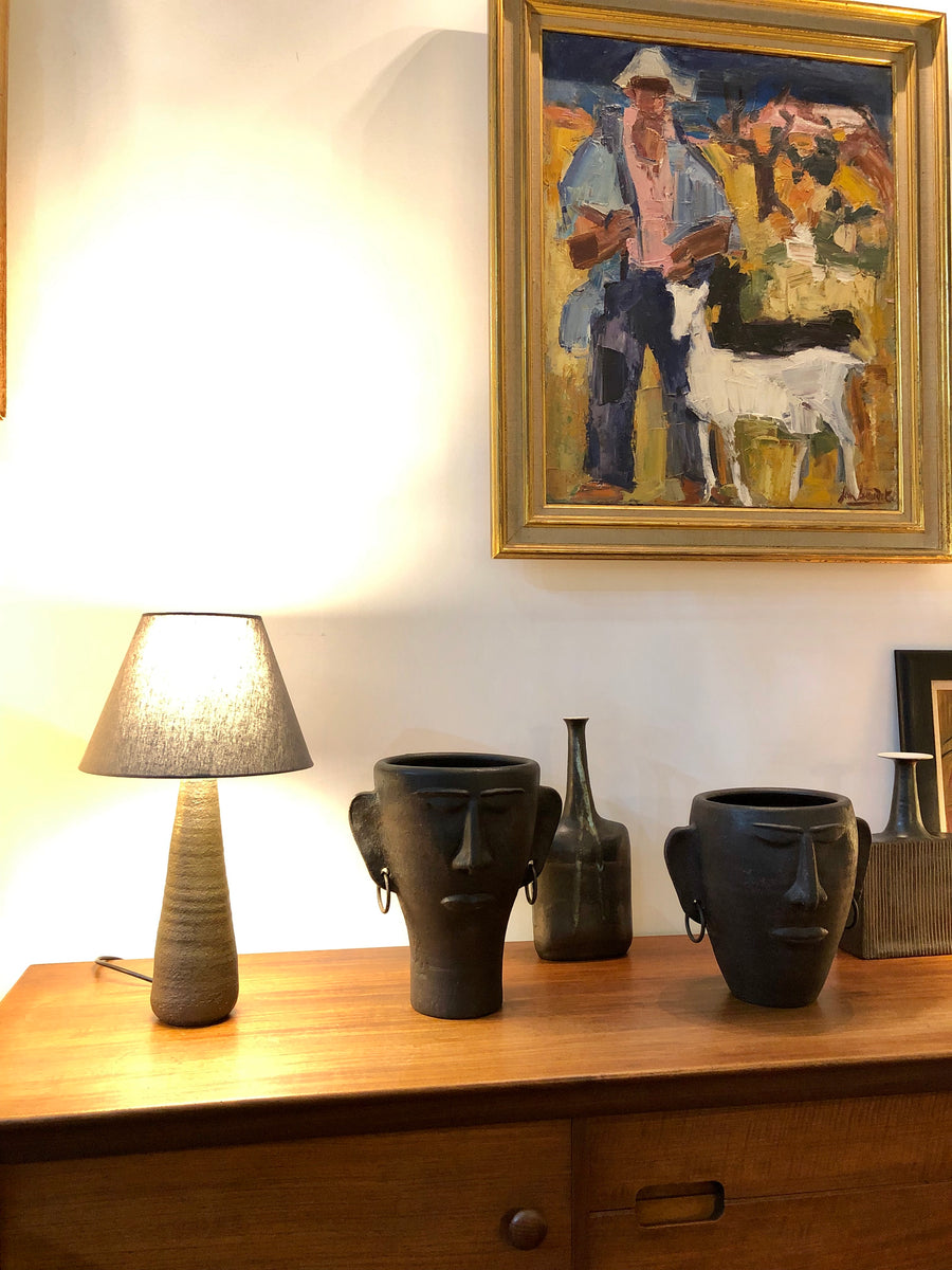 Pair of Black Ceramic Head Sculptures / Vases with Earrings (circa 1950s)