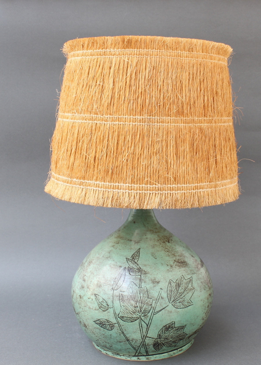 Ceramic Table Lamp by Jacques Blin with Raffia Lampshade (circa 1950s) - Green