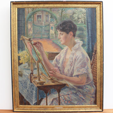 'Woman by the Window with Embroidery Frame' by Franz Ludwig Kiederich (circa 1930s)