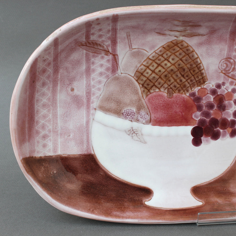 French Pink Decorative Ceramic Tray with Still Life Motif by Frères Cloutier (circa 1960s)