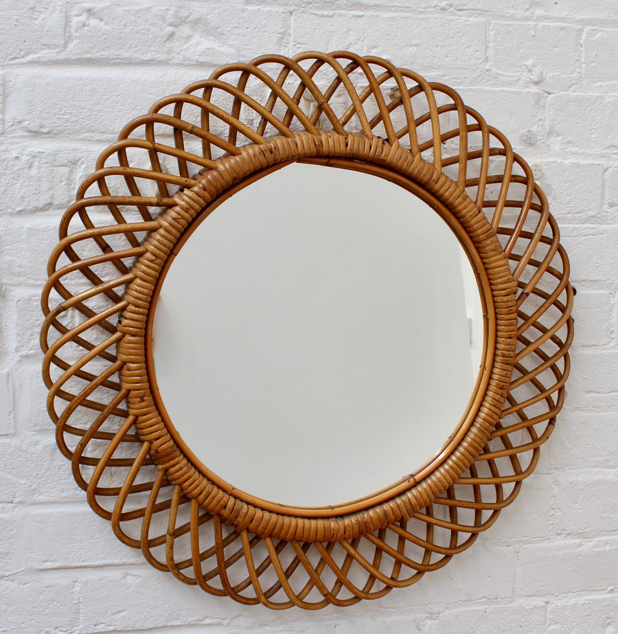 Vintage Italian Sunburst Rattan Wall Mirror (circa 1960s)