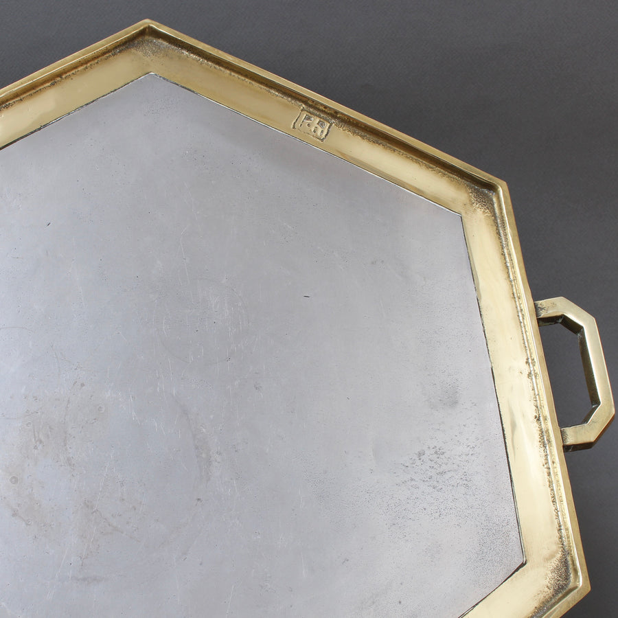 Aluminium and Brass Brutalist Style Hexagon-Shaped Serving Tray by David Marshall (circa 1980s)