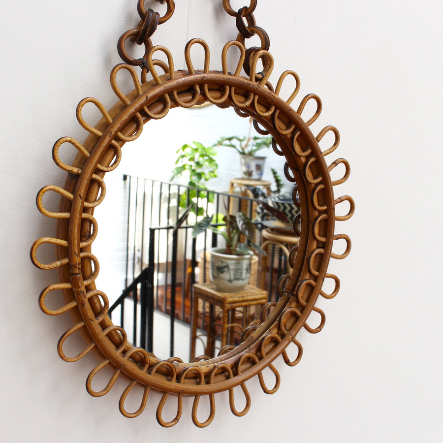 Italian Round Rattan Wall Mirror with Chain (circa 1960s)