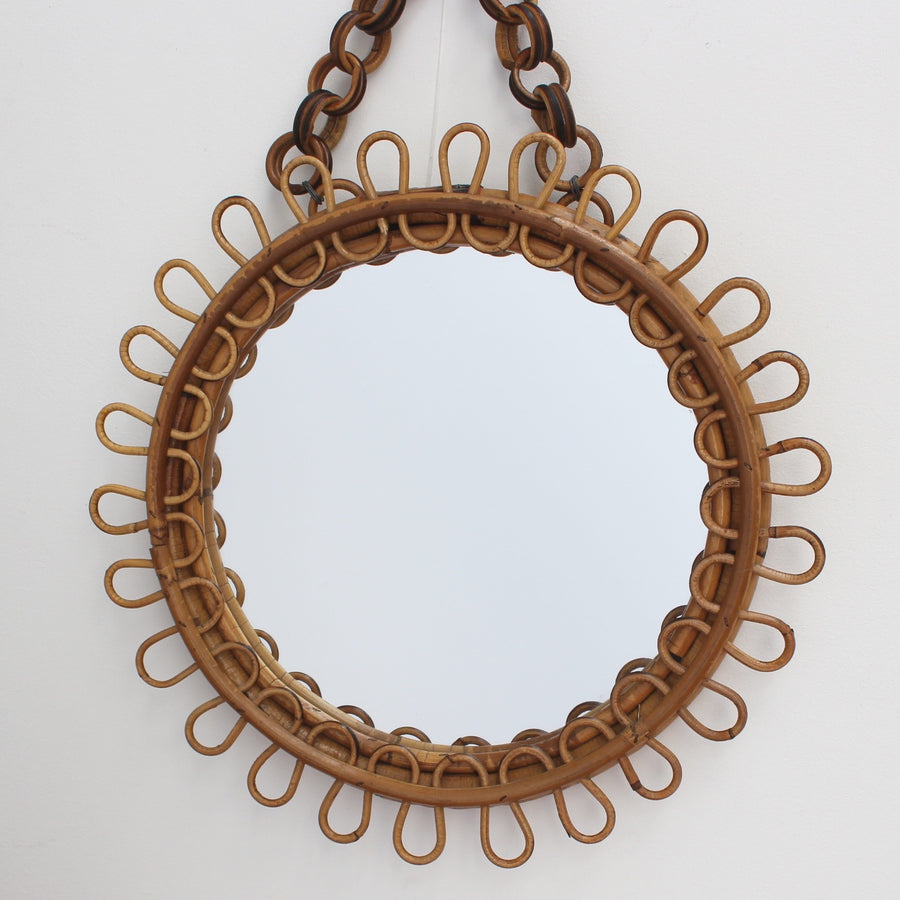 Italian Round Rattan Wall Mirror with Chain (circa 1960s)
