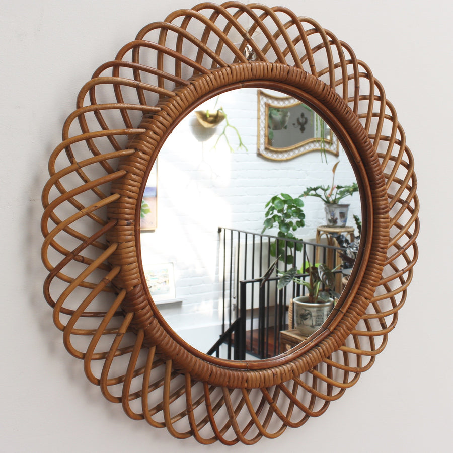 Vintage Italian Rattan Round Wall Mirror (circa 1960s)