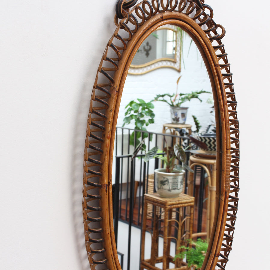 Italian Oval-Shaped Rattan Wall Mirror with Hanging Chain (circa 1960s)