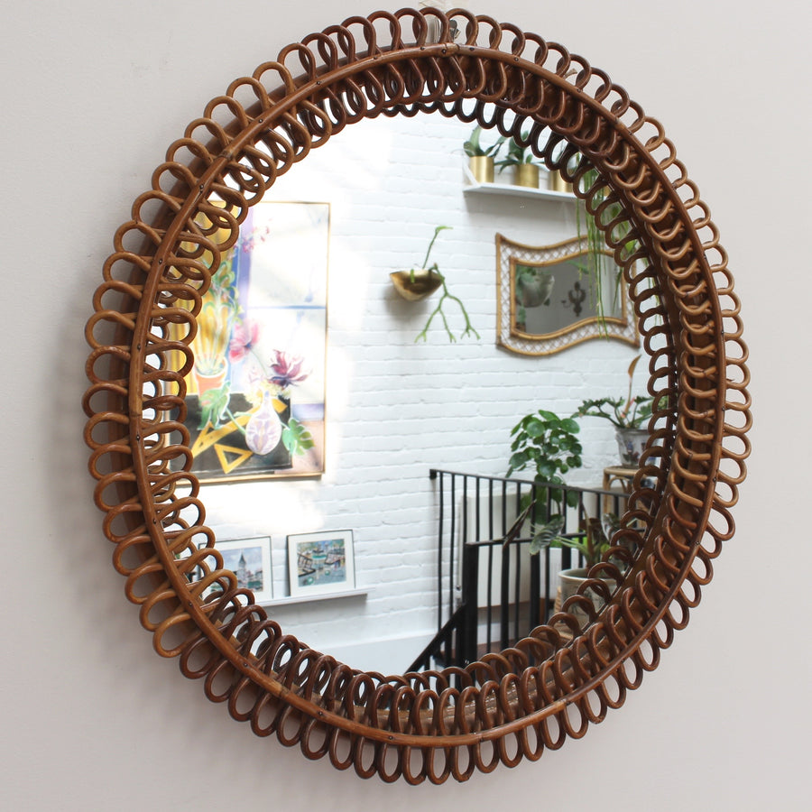 Vintage Italian Round Rattan Wall Mirror (circa 1960s)
